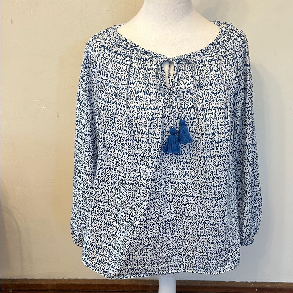J Crew royal blue white patterned long sleeve blouse Size M EUC